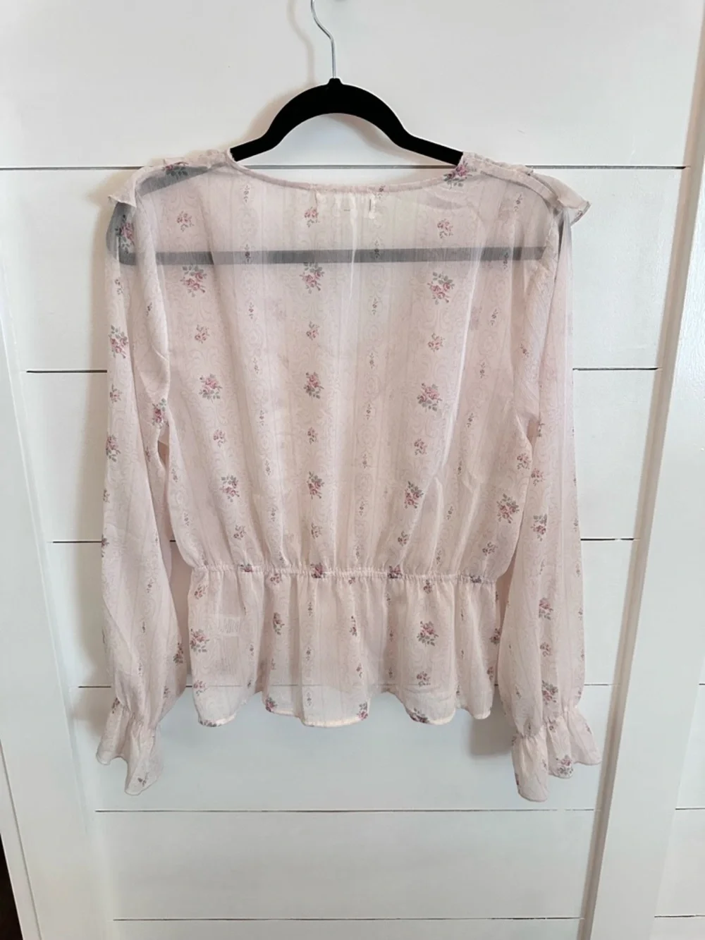 TRIXXI L Greta Pale Pink ditzy floral ruffled chest & sleeve sheer button blouse - Picture 3 of 14